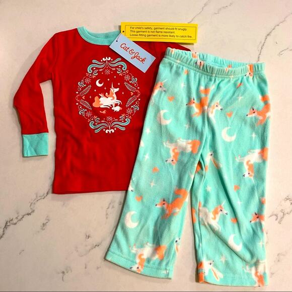 Unicorn Pajamas Fleece Set Cat & JacK Red size 12 months NWT girls unisex - Picture 1 of 5